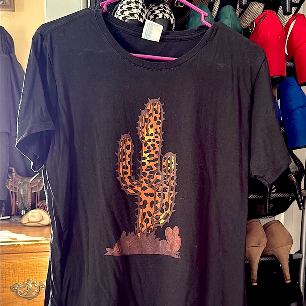 Black T-Shirt with Leopard Cactus Print
